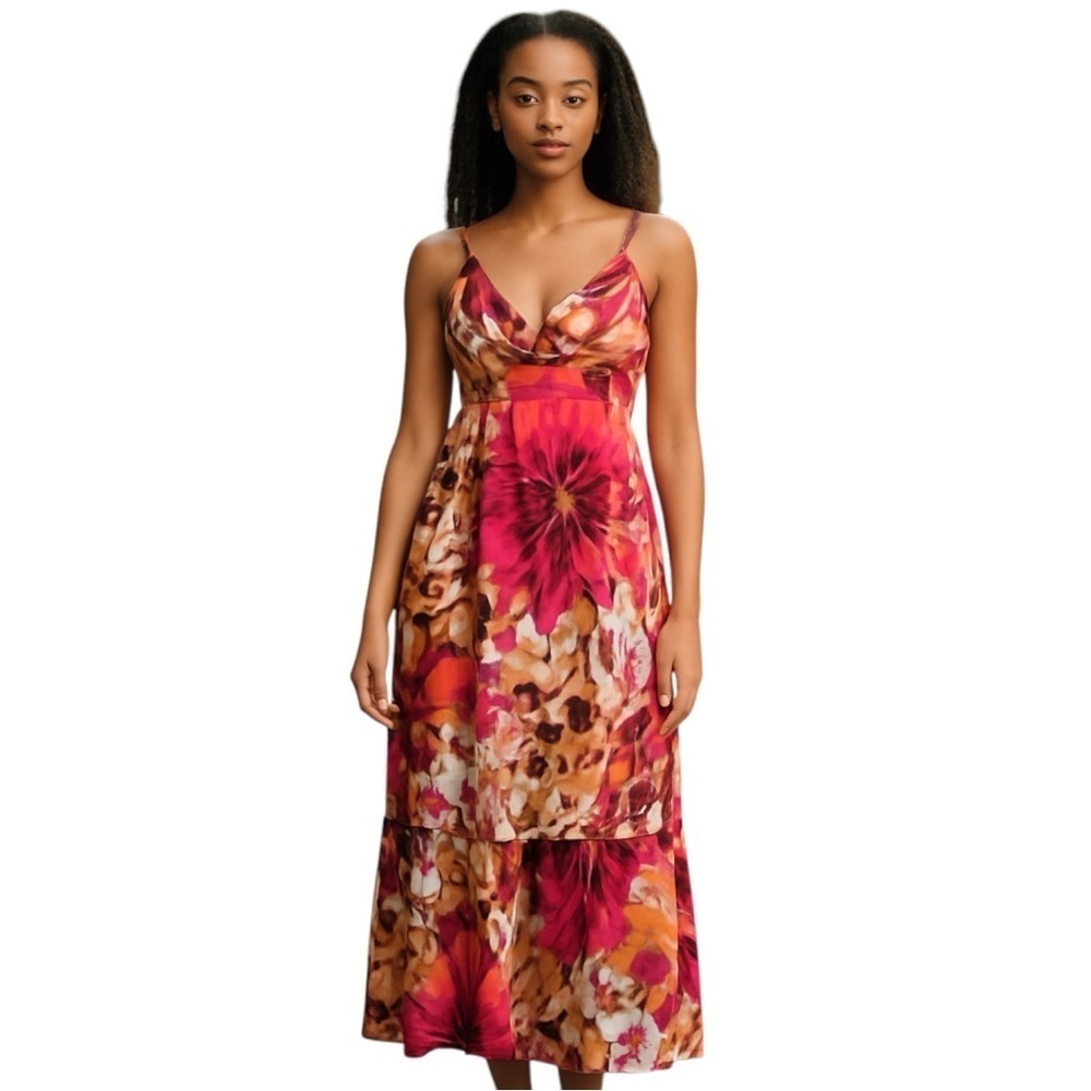 Plus Size, Bisou Bisou Vibrant Pink and Orange Midi Dress Stretch, Size 14